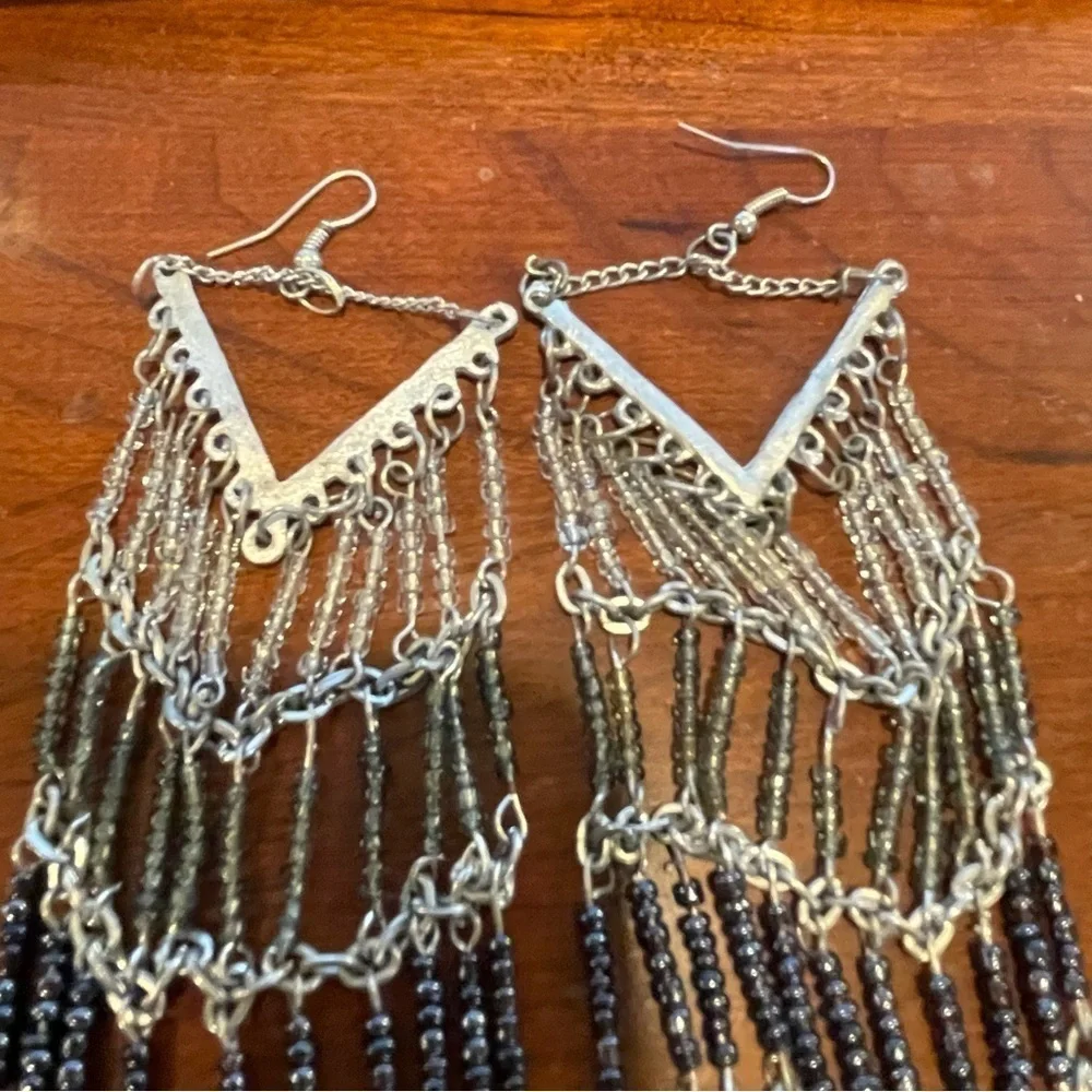 Spectacular flapper chandelier earrings oversized silver black beaded pi…
